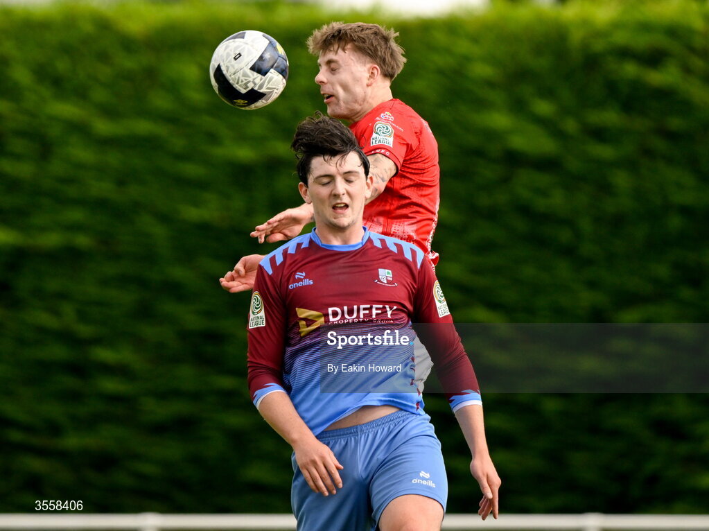 5 September 2026; Dylan Hand of Lucan United in action against Gavin Smyth of Mervue United during the FAI National League match between Lucan United and Mervue United at Copper Face Jacks Park in Dublin. Photo by Eakin Howard/Sportsfile
