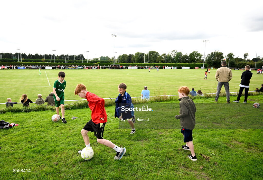 5 September 2026; Young fans watch during the FAI National League match between Lucan United and Mervue United at Copper Face Jacks Park in Dublin. Photo by Eakin Howard/Sportsfile