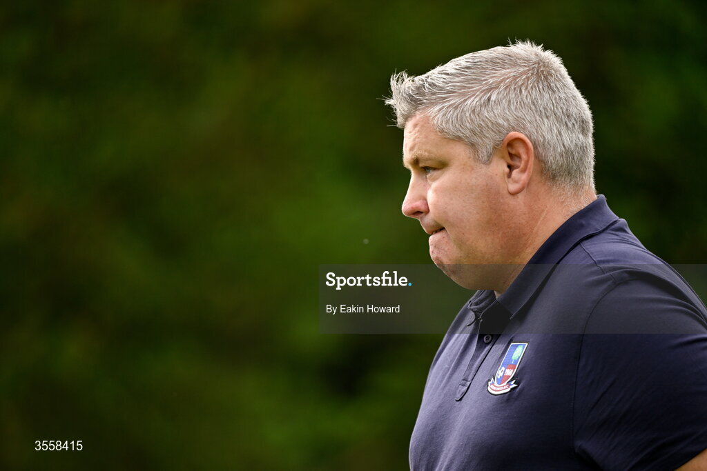 5 September 2026; Mervue United manager Brenan O'Connor stands on the pitch before the FAI National League match between Lucan United and Mervue United at Copper Face Jacks Park in Dublin. Photo by Eakin Howard/Sportsfile