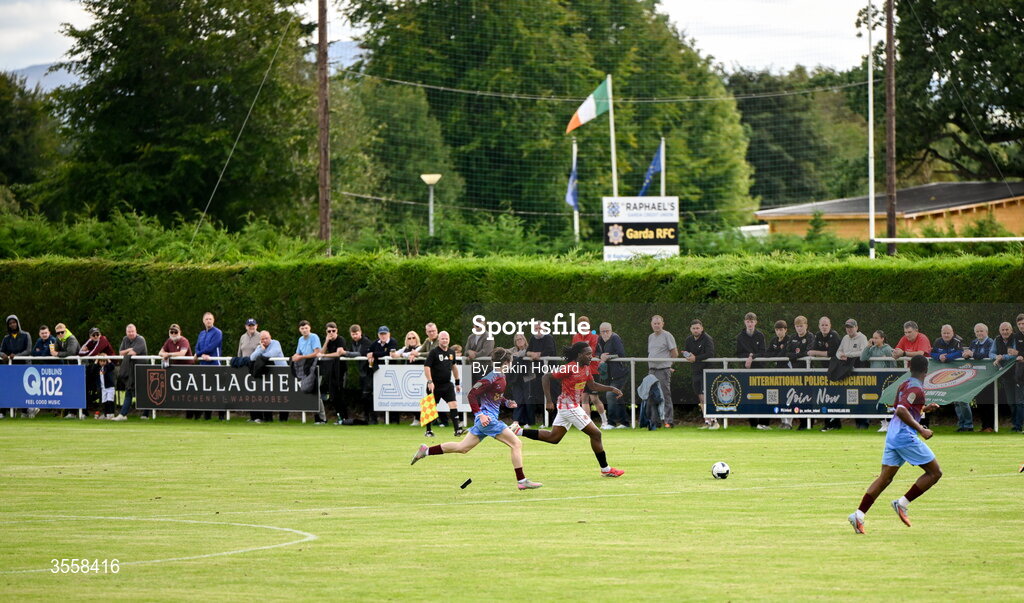 5 September 2026; Kobichidi Ndebumadu of Lucan United in action against Luke O'Gorman of Mervue United during the FAI National League match between Lucan United and Mervue United at Copper Face Jacks Park in Dublin. Photo by Eakin Howard/Sportsfile