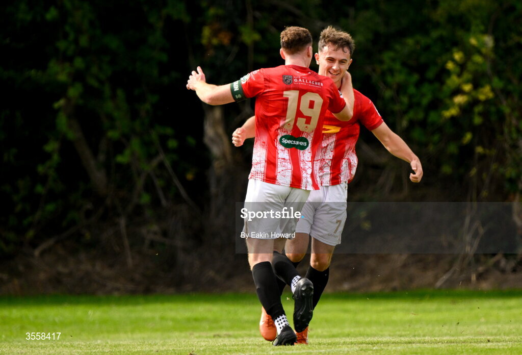 5 September 2026; Taylor Mooney of Lucan United celebrates scoring the team's first goal with Sean Quinn during the FAI National League match between Lucan United and Mervue United at Copper Face Jacks Park in Dublin. Photo by Eakin Howard/Sportsfile