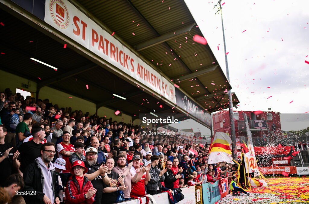 5 September 2026; St Patrick's Athletic supporters before the Club Orange Men’s FAI Cup quarter-final match between St Patrick's Athletic and Bohemians at Richmond Park in Dublin. Photo by Ben McShane/Sportsfile