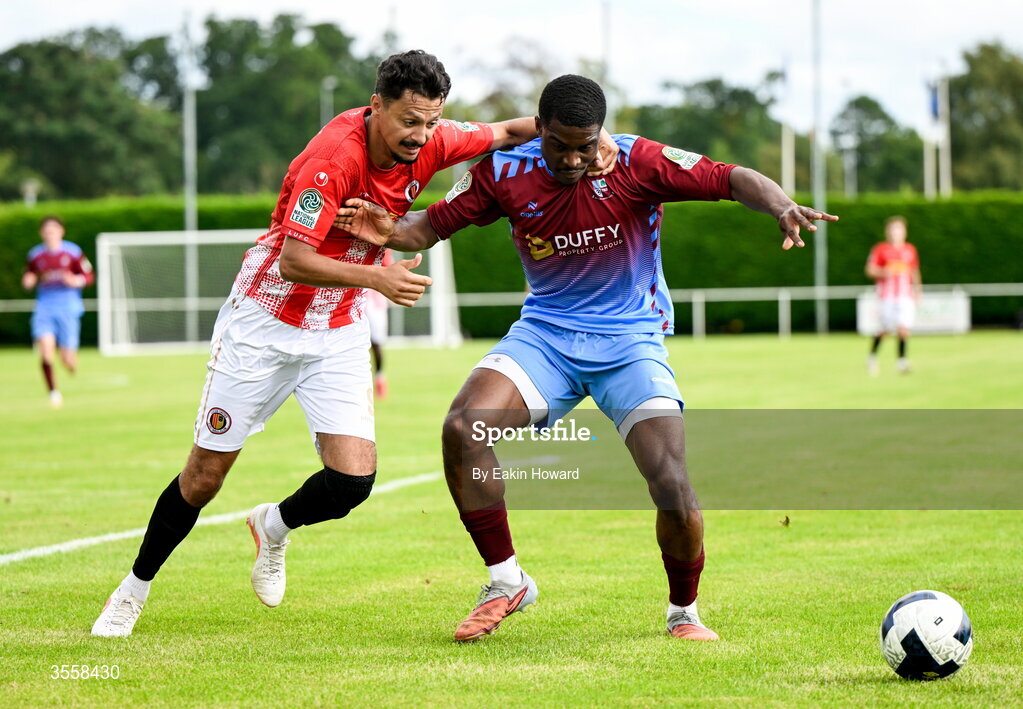 5 September 2026; Dean Ebbe of Lucan United in action against Ify Asogu of Mervue United during the FAI National League match between Lucan United and Mervue United at Copper Face Jacks Park in Dublin. Photo by Eakin Howard/Sportsfile