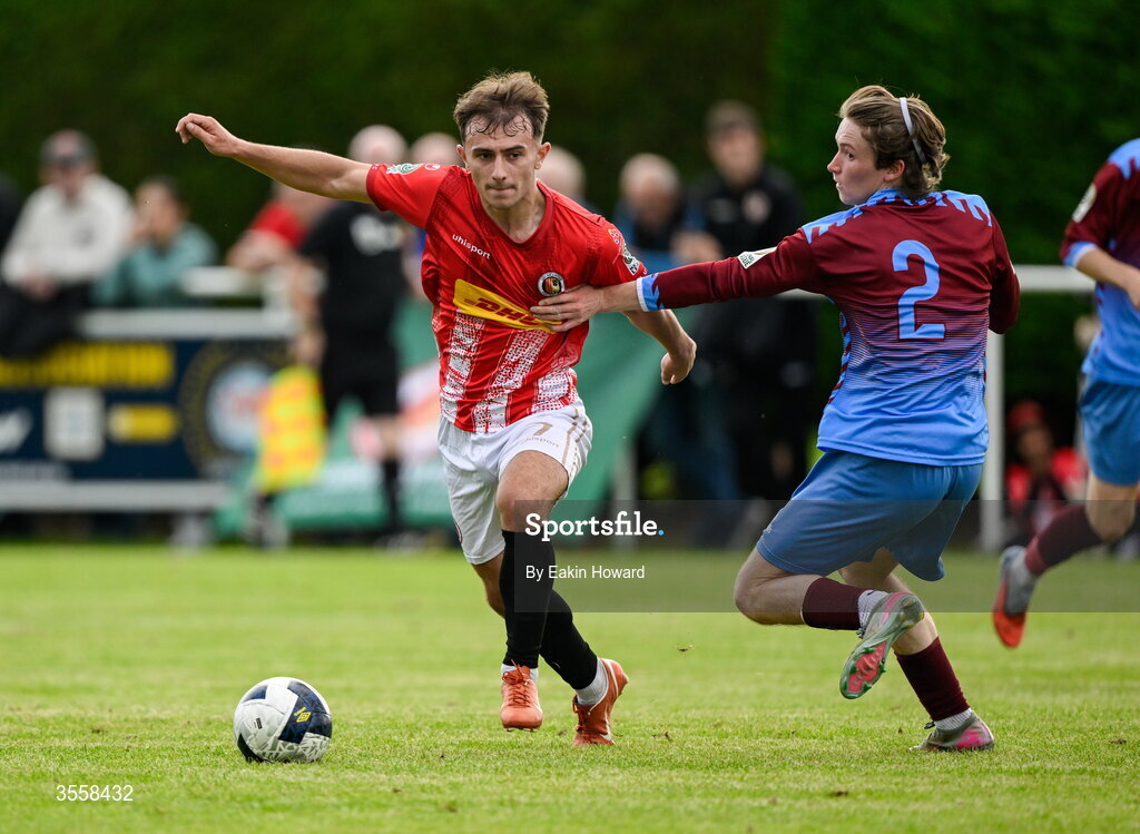 5 September 2026; Taylor Mooney of Lucan United in action against Luke O'Gorman of Mervue United during the FAI National League match between Lucan United and Mervue United at Copper Face Jacks Park in Dublin. Photo by Eakin Howard/Sportsfile