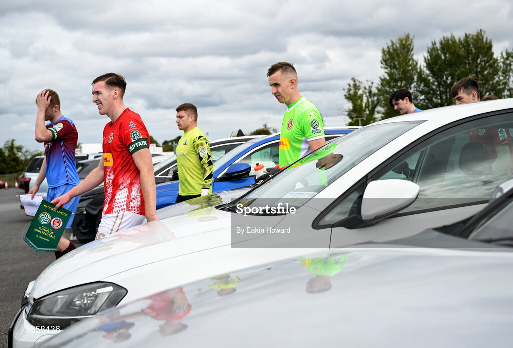 5 September 2026; Sean Quinn of Lucan United leads the teams to the pitch before  the FAI National League match between Lucan United and Mervue United at Copper Face Jacks Park in Dublin. Photo by Eakin Howard/Sportsfile