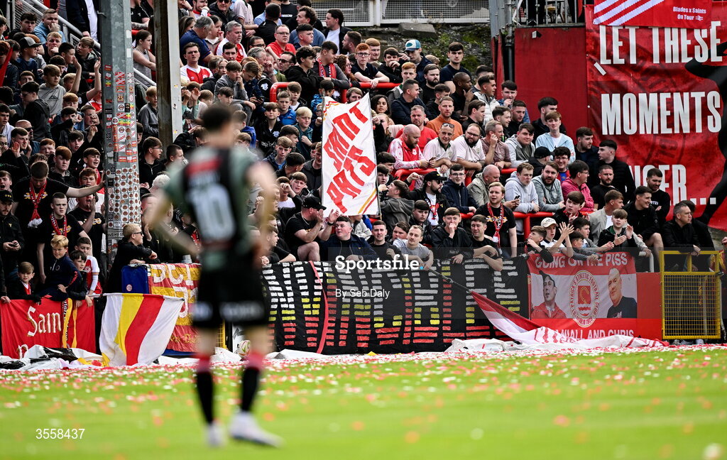 5 September 2026; St Patrick's Athletic supporters before the Club Orange Men’s FAI Cup quarter-final match between St Patrick's Athletic and Bohemians at Richmond Park in Dublin. Photo by Seb Daly/Sportsfile