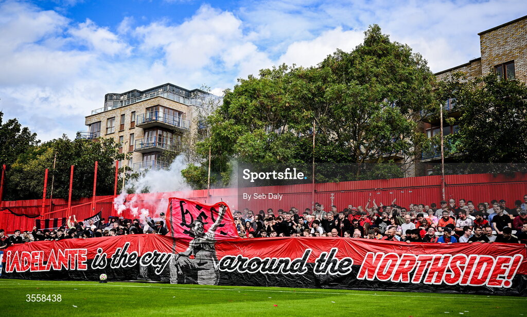 5 September 2026; Bohemians supporters display a banner before the Club Orange Men’s FAI Cup quarter-final match between St Patrick's Athletic and Bohemians at Richmond Park in Dublin. Photo by Seb Daly/Sportsfile