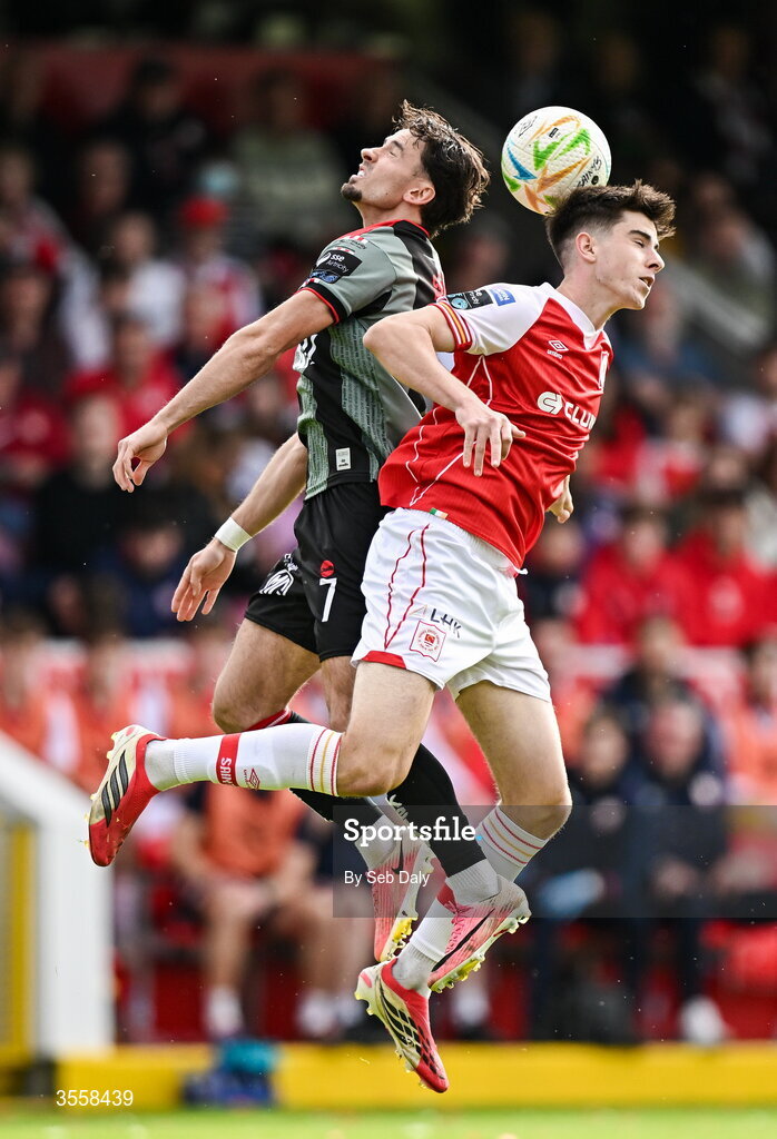 5 September 2026; Connor Parsons of Bohemians in action against Ryan Sheridan of St Patrick's Athletic during the Club Orange Men’s FAI Cup quarter-final match between St Patrick's Athletic and Bohemians at Richmond Park in Dublin. Photo by Seb Daly/Sportsfile