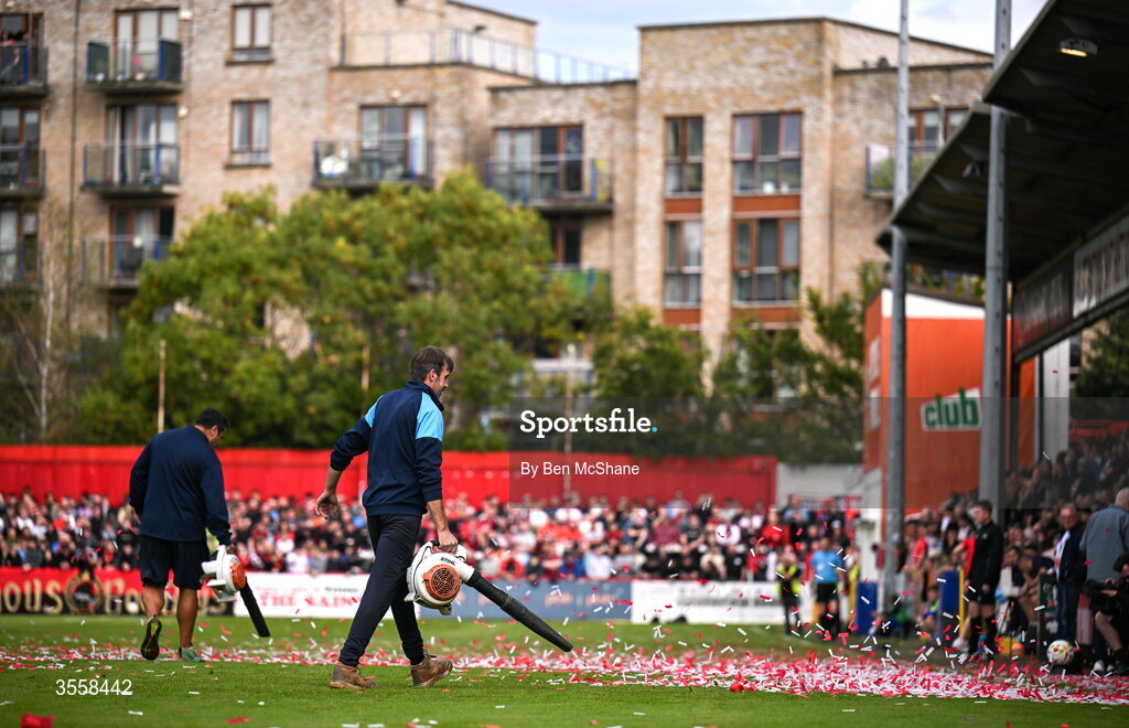 5 September 2026; St Patrick's Athletic ground staff use leaf-blowers to clear the confetti from the pitch, which casused a delay to kick-off, before the Club Orange Men’s FAI Cup quarter-final match between St Patrick's Athletic and Bohemians at Richmond Park in Dublin. Photo by Ben McShane/Sportsfile