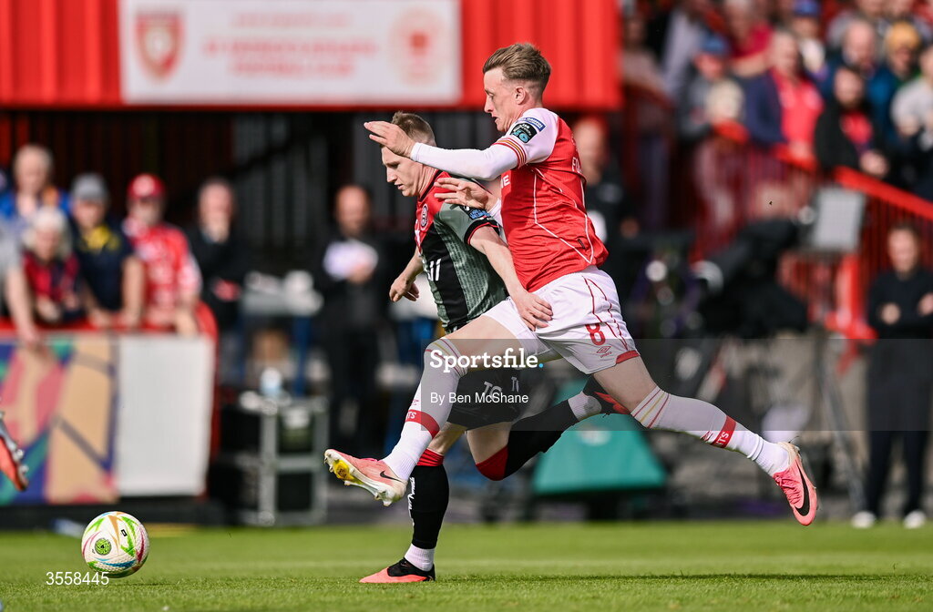 5 September 2026; Ross Tierney of Bohemians in action against Chris Forrester of St Patrick's Athletic during the Club Orange Men’s FAI Cup quarter-final match between St Patrick's Athletic and Bohemians at Richmond Park in Dublin. Photo by Ben McShane/Sportsfile