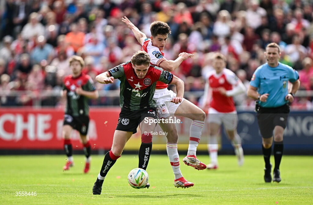 5 September 2026; Cian Byrne of Bohemians in action against Ryan Sheridan of St Patrick's Athletic during the Club Orange Men’s FAI Cup quarter-final match between St Patrick's Athletic and Bohemians at Richmond Park in Dublin. Photo by Seb Daly/Sportsfile