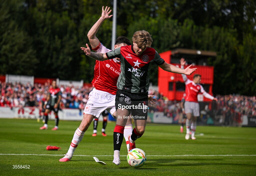 5 September 2026; Harry Vaughan of Bohemians in action against Joe Redmond of St Patrick's Athletic during the Club Orange Men’s FAI Cup quarter-final match between St Patrick's Athletic and Bohemians at Richmond Park in Dublin. Photo by Ben McShane/Sportsfile