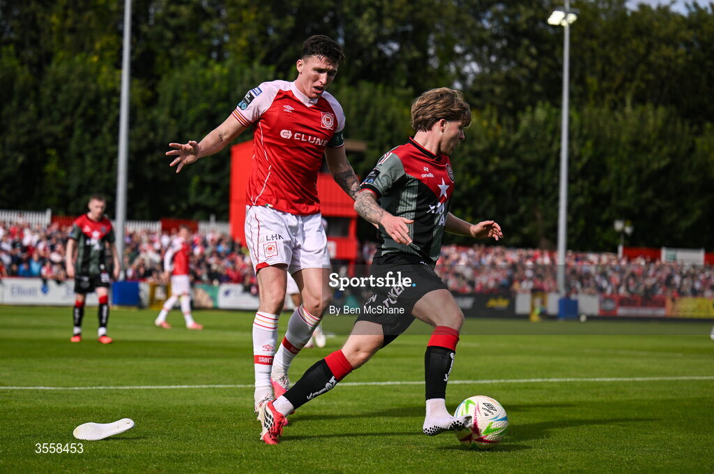 5 September 2026; Harry Vaughan of Bohemians in action against Joe Redmond of St Patrick's Athletic during the Club Orange Men’s FAI Cup quarter-final match between St Patrick's Athletic and Bohemians at Richmond Park in Dublin. Photo by Ben McShane/Sportsfile
