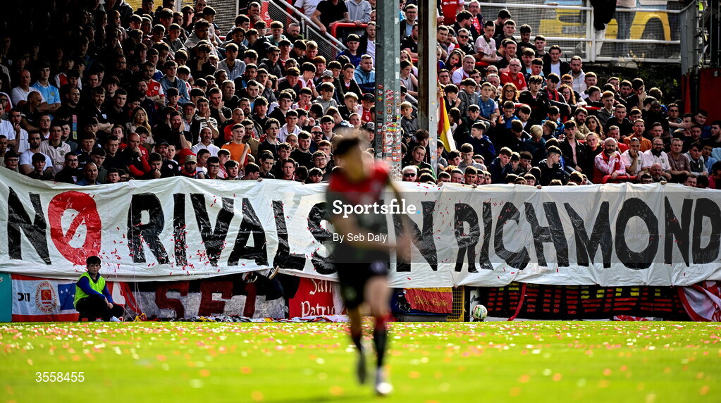 5 September 2026; St Patrick's Athletic supporters hold up a banner during the Club Orange Men’s FAI Cup quarter-final match between St Patrick's Athletic and Bohemians at Richmond Park in Dublin. Photo by Seb Daly/Sportsfile