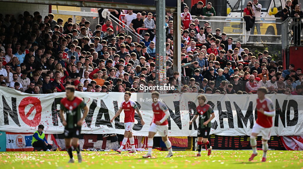 5 September 2026; St Patrick's Athletic supporters hold up a banner during the Club Orange Men’s FAI Cup quarter-final match between St Patrick's Athletic and Bohemians at Richmond Park in Dublin. Photo by Seb Daly/Sportsfile