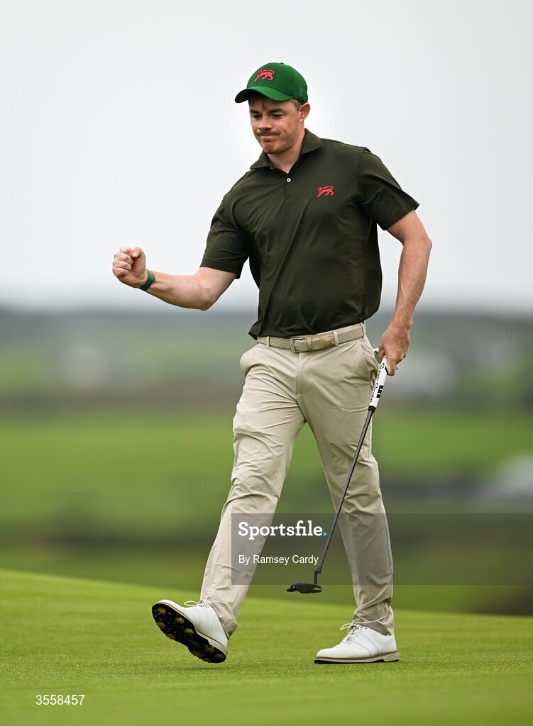 5 September 2026; Stuart Grehan of Great Britain and Ireland celebrates a putt on the 8th green during the singles matches on day one of the 51st Walker Cup at Lahinch Golf Club in Lahinch, Clare. Photo by Ramsey Cardy/Sportsfile