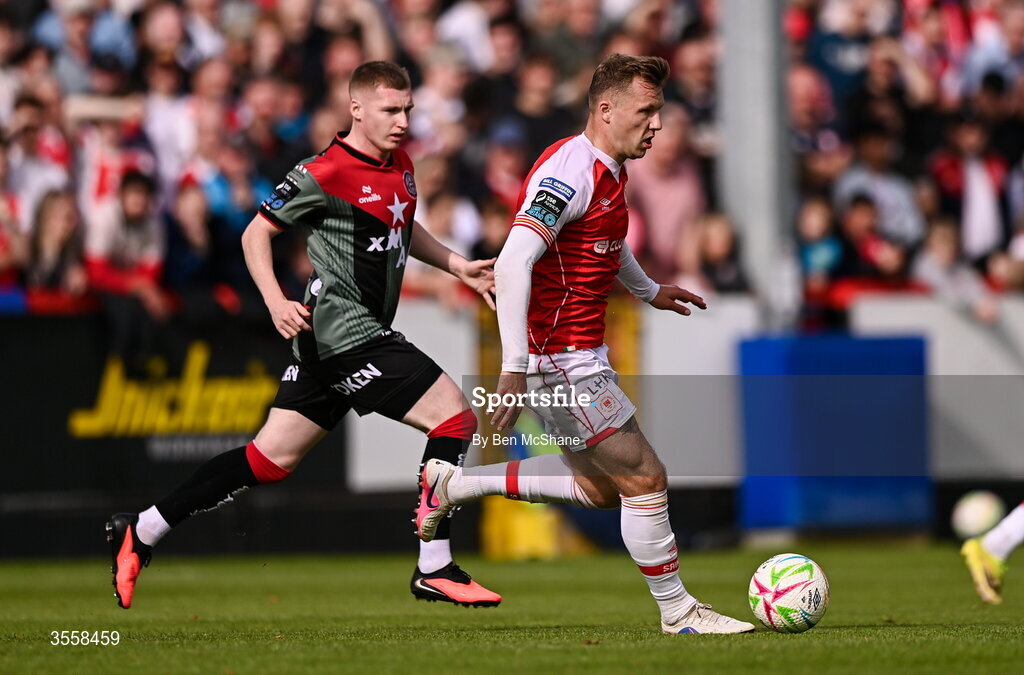 5 September 2026; Jamie Lennon of St Patrick's Athletic in action against Ross Tierney of Bohemians during the Club Orange Men’s FAI Cup quarter-final match between St Patrick's Athletic and Bohemians at Richmond Park in Dublin. Photo by Ben McShane/Sportsfile