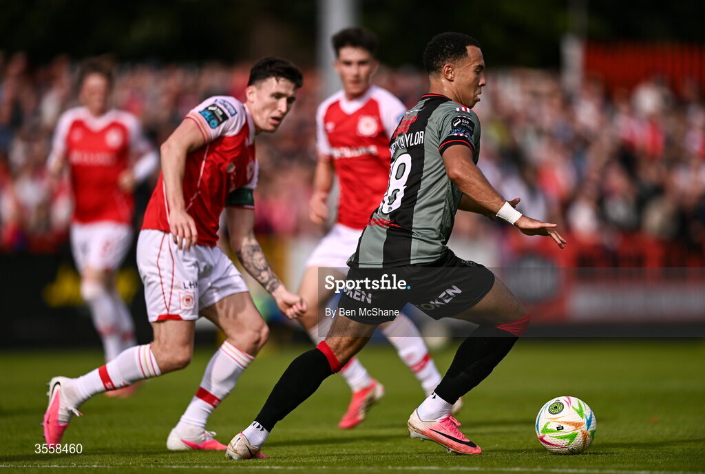 5 September 2026; Douglas James-Taylor of Bohemians in action against Joe Redmond of St Patrick's Athletic during the Club Orange Men’s FAI Cup quarter-final match between St Patrick's Athletic and Bohemians at Richmond Park in Dublin. Photo by Ben McShane/Sportsfile