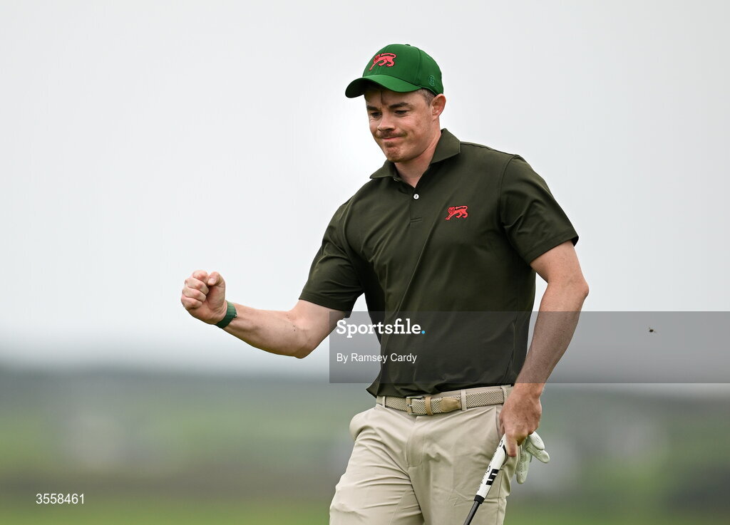 5 September 2026; Stuart Grehan of Great Britain and Ireland celebrates a putt on the 8th green during the singles matches on day one of the 51st Walker Cup at Lahinch Golf Club in Lahinch, Clare. Photo by Ramsey Cardy/Sportsfile