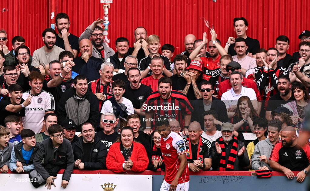 5 September 2026; Bohemians supporters jeer toward Anthony Olusanya of St Patrick's Athletic during the Club Orange Men’s FAI Cup quarter-final match between St Patrick's Athletic and Bohemians at Richmond Park in Dublin. Photo by Ben McShane/Sportsfile