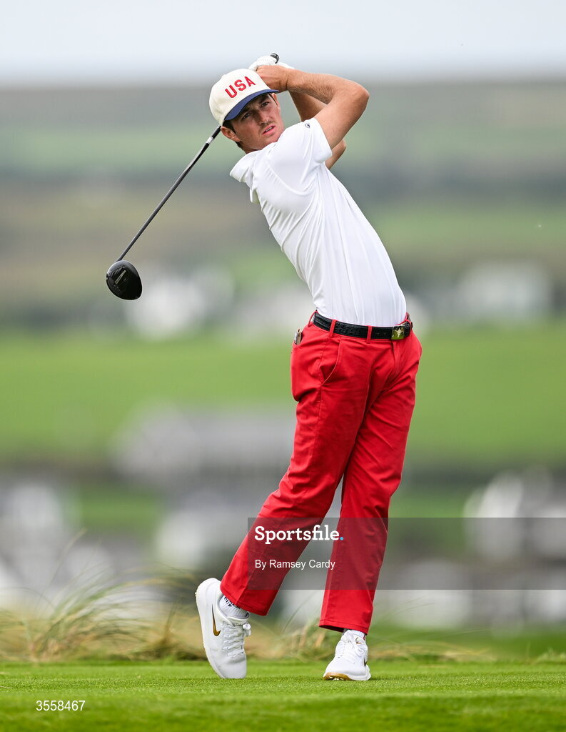 5 September 2026; Preston Stout of USA watches his tee shot on the second hole during the singles matches on day one of the 51st Walker Cup at Lahinch Golf Club in Lahinch, Clare. Photo by Ramsey Cardy/Sportsfile