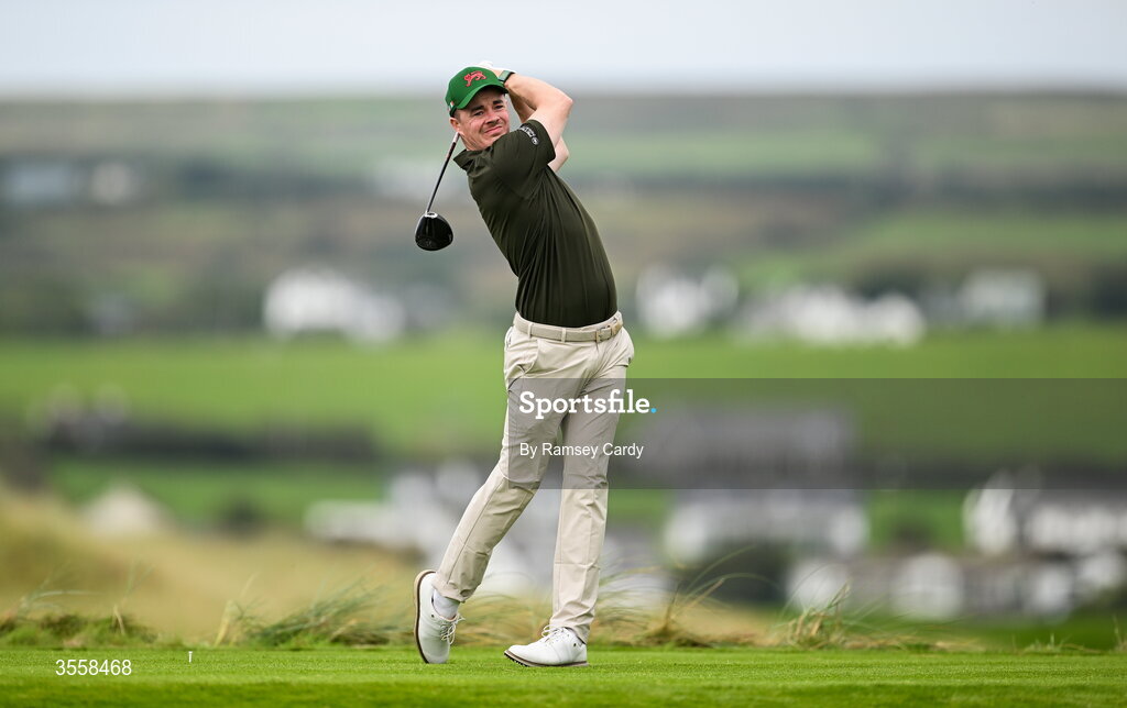5 September 2026; Stuart Grehan of Great Britain and Ireland watches his tee shot on the second hole during the singles matches on day one of the 51st Walker Cup at Lahinch Golf Club in Lahinch, Clare. Photo by Ramsey Cardy/Sportsfile