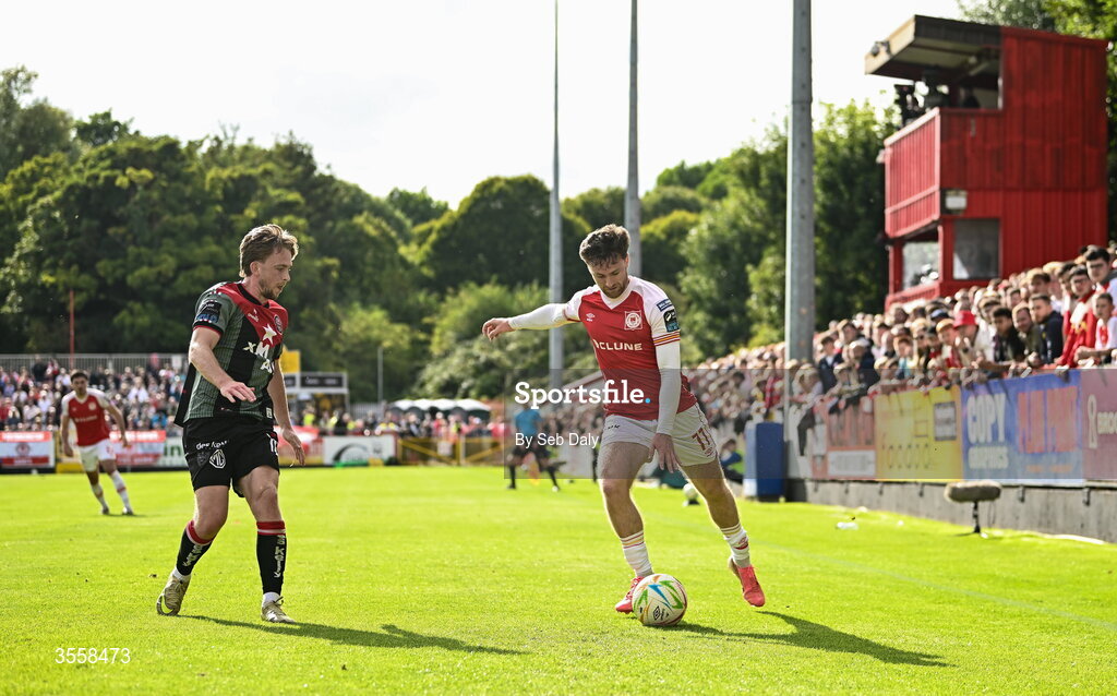 5 September 2026; Jason McClelland of St Patrick's Athletic in action against Darragh Power of Bohemians during the Club Orange Men’s FAI Cup quarter-final match between St Patrick's Athletic and Bohemians at Richmond Park in Dublin. Photo by Seb Daly/Sportsfile