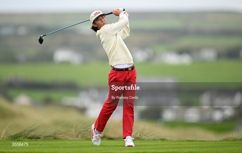 5 September 2026; Ethan Fang of USA watches his tee shot on the second hole during the singles matches on day one of the 51st Walker Cup at Lahinch Golf Club in Lahinch, Clare. Photo by Ramsey Cardy/Sportsfile