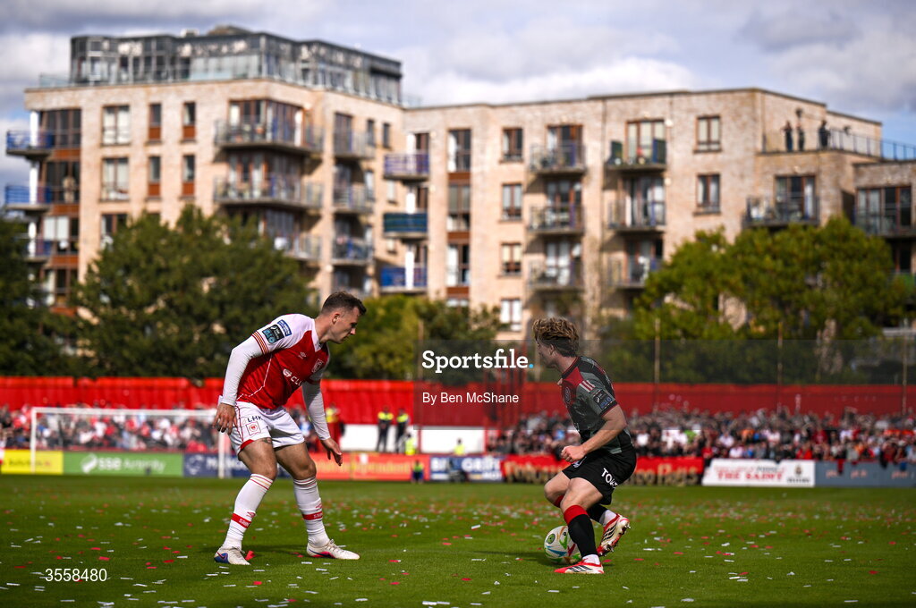 5 September 2026; Harry Vaughan of Bohemians and Jamie Lennon of St Patrick's Athletic during the Club Orange Men’s FAI Cup quarter-final match between St Patrick's Athletic and Bohemians at Richmond Park in Dublin. Photo by Ben McShane/Sportsfile