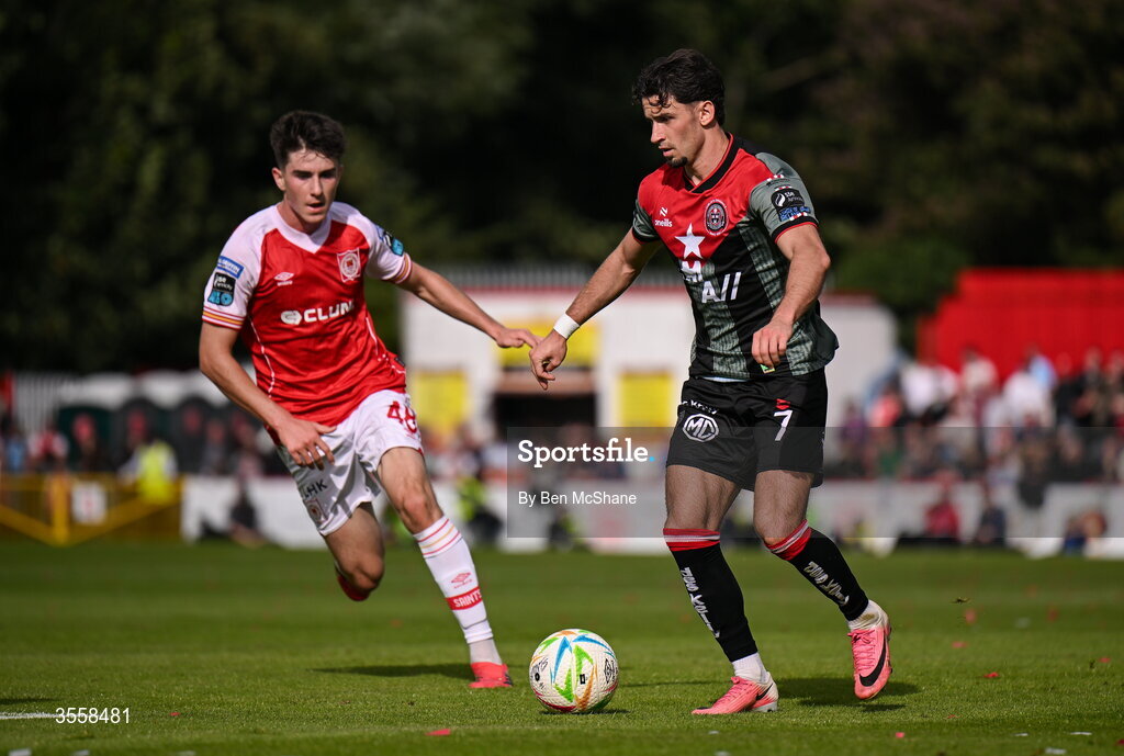 5 September 2026; Connor Parsons of Bohemians in action against Ryan Sheridan of St Patrick's Athletic during the Club Orange Men’s FAI Cup quarter-final match between St Patrick's Athletic and Bohemians at Richmond Park in Dublin. Photo by Ben McShane/Sportsfile