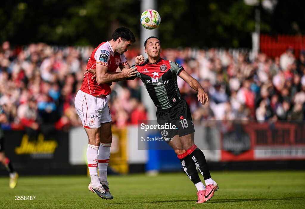 5 September 2026; Douglas James-Taylor of Bohemians in action against Luke Turner of St Patrick's Athletic during the Club Orange Men’s FAI Cup quarter-final match between St Patrick's Athletic and Bohemians at Richmond Park in Dublin. Photo by Ben McShane/Sportsfile