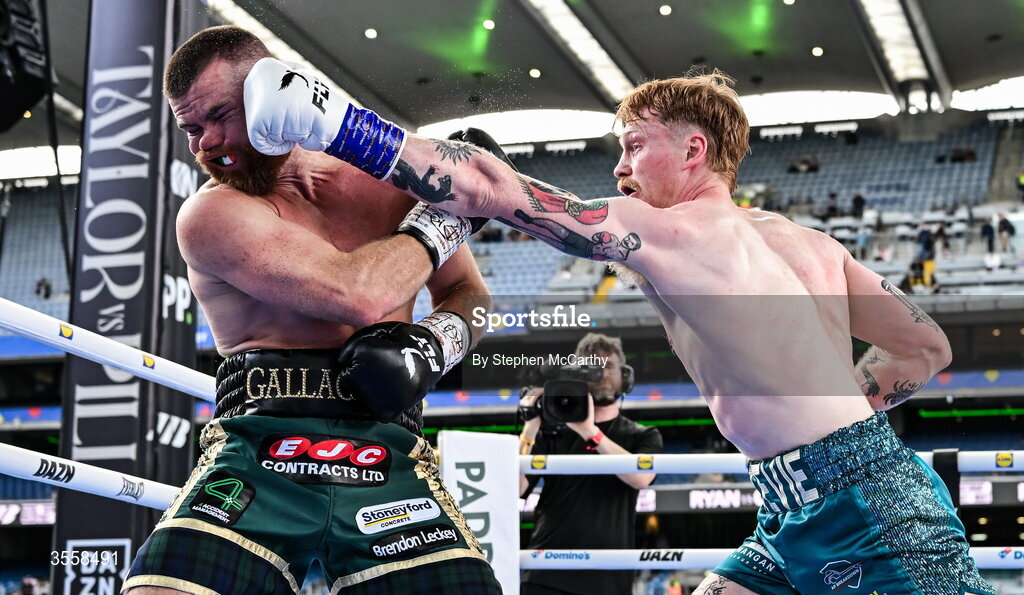 5 September 2026; Paul Ryan, right, and Paddy Gallagher during their middleweight bout at the Once Upon A Time fight night in Croke Park, Dublin. Photo by Stephen McCarthy/Sportsfile
