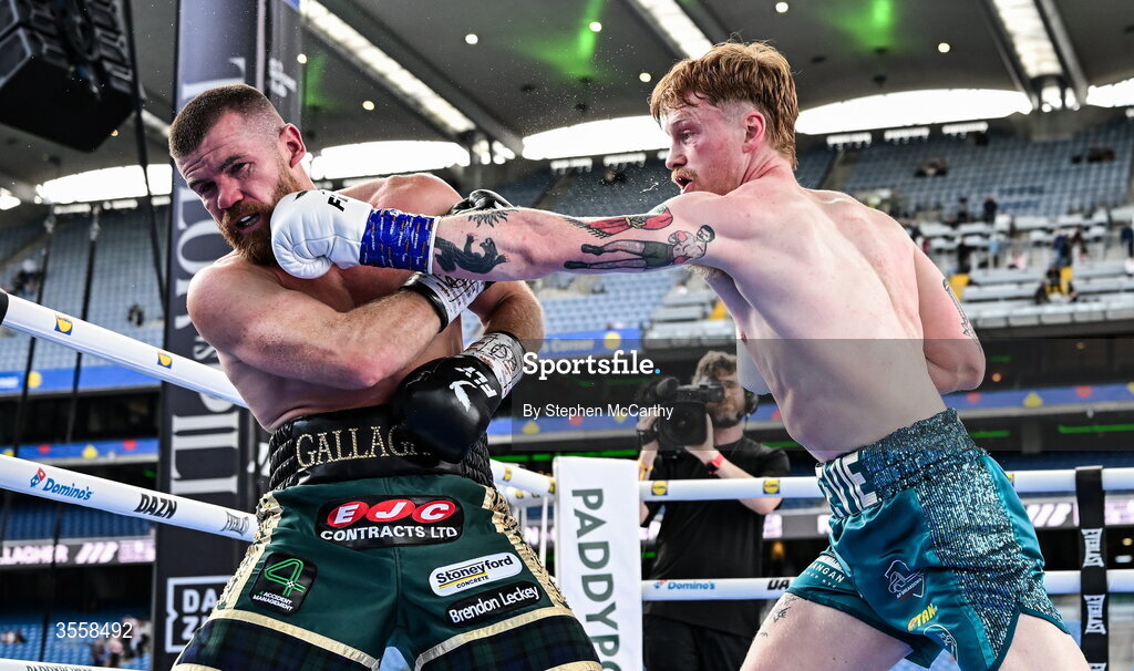 5 September 2026; Paul Ryan, right, and Paddy Gallagher during their middleweight bout at the Once Upon A Time fight night in Croke Park, Dublin. Photo by Stephen McCarthy/Sportsfile