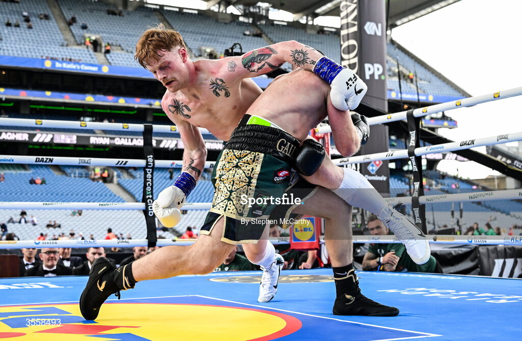 5 September 2026; Paul Ryan, left, and Paddy Gallagher during their middleweight bout at the Once Upon A Time fight night in Croke Park, Dublin. Photo by Stephen McCarthy/Sportsfile