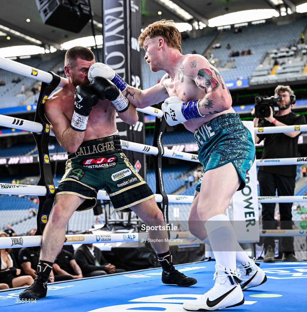 5 September 2026; Paul Ryan, right, and Paddy Gallagher during their middleweight bout at the Once Upon A Time fight night in Croke Park, Dublin. Photo by Stephen McCarthy/Sportsfile
