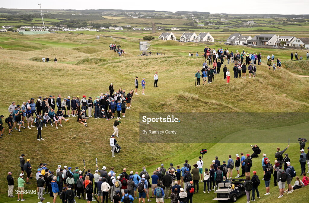 5 September 2026; Stuart Grehan of Great Britain and Ireland plays from the rough on the 4th hole during the singles matches on day one of the 51st Walker Cup at Lahinch Golf Club in Lahinch, Clare. Photo by Ramsey Cardy/Sportsfile