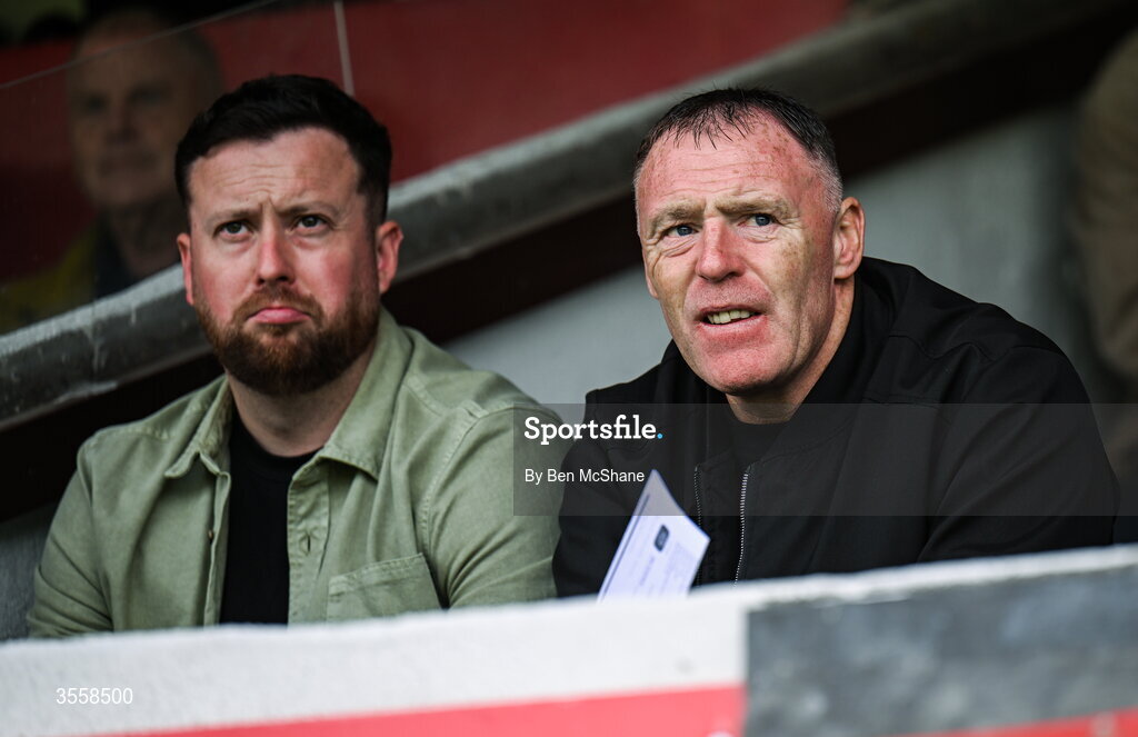 5 September 2026; Waterford CEO and Director Ricky Walsh, left, and manager Graham Coughlan in attendance before the Club Orange Men’s FAI Cup quarter-final match between St Patrick's Athletic and Bohemians at Richmond Park in Dublin. Photo by Ben McShane/Sportsfile