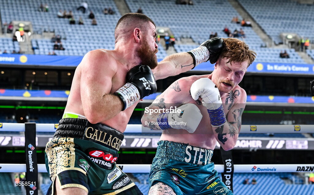 5 September 2026; Paul Ryan, right, and Paddy Gallagher during their middleweight bout at the Once Upon A Time fight night in Croke Park, Dublin. Photo by Stephen McCarthy/Sportsfile