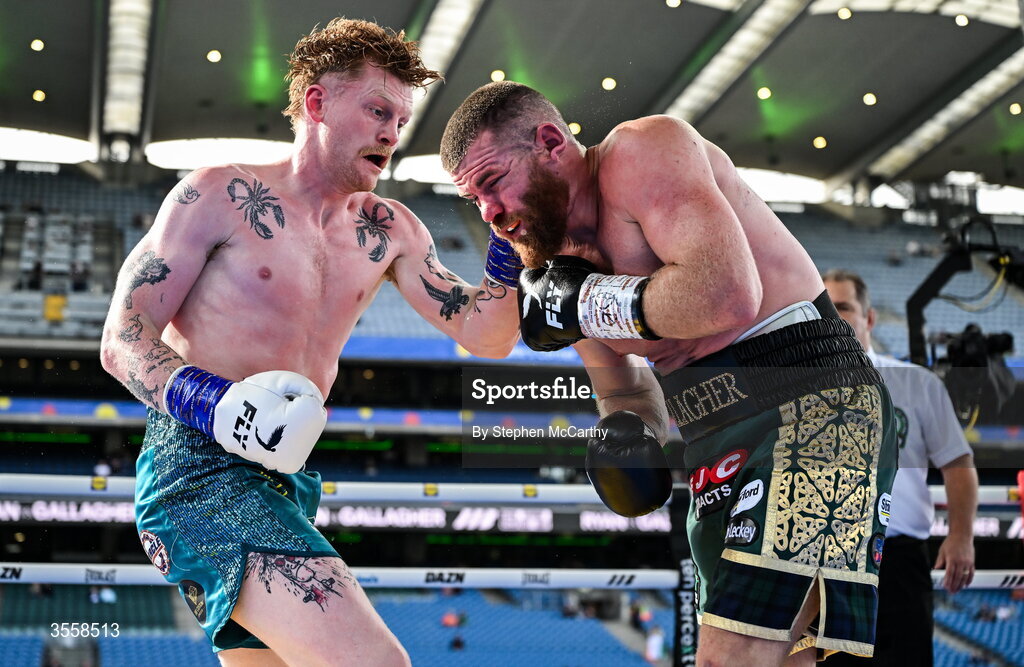 5 September 2026; Paul Ryan, left, and Paddy Gallagher during their middleweight bout at the Once Upon A Time fight night in Croke Park, Dublin. Photo by Stephen McCarthy/Sportsfile