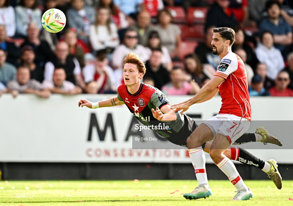 5 September 2026; Senan Mullen of Bohemians in action against Zack Elbouzedi of St Patrick's Athletic during the Club Orange Men’s FAI Cup quarter-final match between St Patrick's Athletic and Bohemians at Richmond Park in Dublin. Photo by Seb Daly/Sportsfile