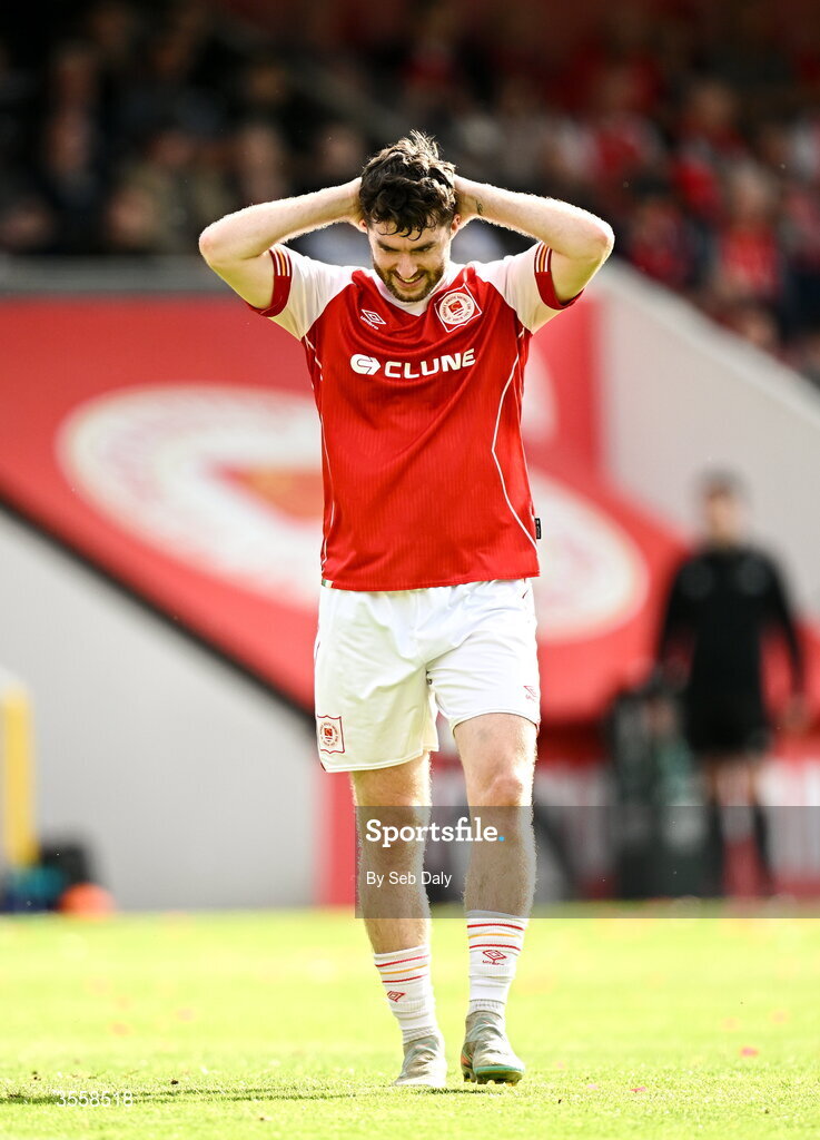 5 September 2026; Aidan Keena of St Patrick's Athletic reacts during the Club Orange Men’s FAI Cup quarter-final match between St Patrick's Athletic and Bohemians at Richmond Park in Dublin. Photo by Seb Daly/Sportsfile