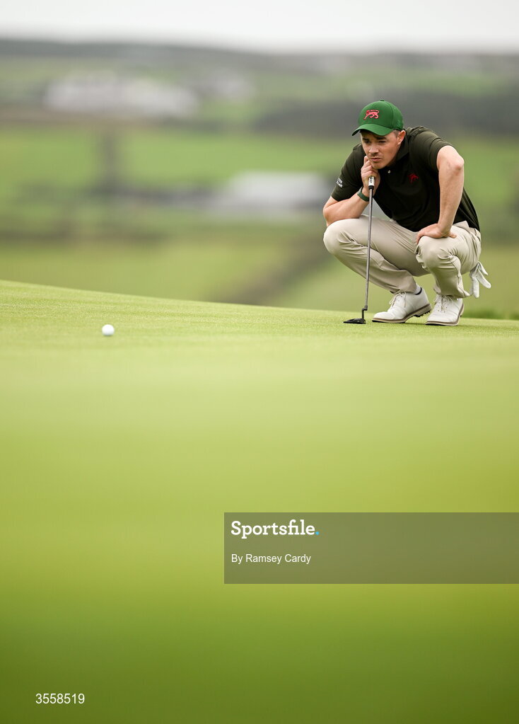 5 September 2026; Stuart Grehan of Great Britain and Ireland lines up a putt on the 8th green during the singles matches on day one of the 51st Walker Cup at Lahinch Golf Club in Lahinch, Clare. Photo by Ramsey Cardy/Sportsfile