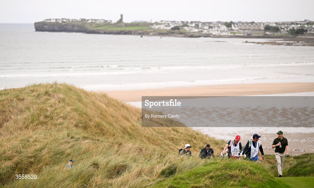 5 September 2026; Stuart Grehan of Great Britain and Ireland makes his way to the 8th green during the singles matches on day one of the 51st Walker Cup at Lahinch Golf Club in Lahinch, Clare. Photo by Ramsey Cardy/Sportsfile