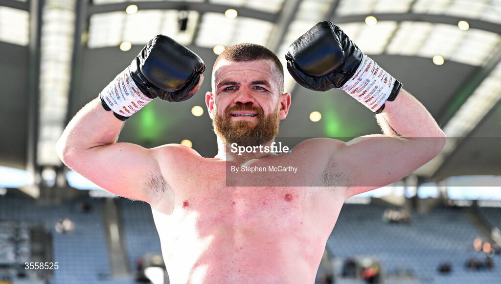 5 September 2026; Paddy Gallagher celebrates after being declared victorious in his middleweight bout with Paul Ryan at the Once Upon A Time fight night in Croke Park, Dublin. Photo by Stephen McCarthy/Sportsfile