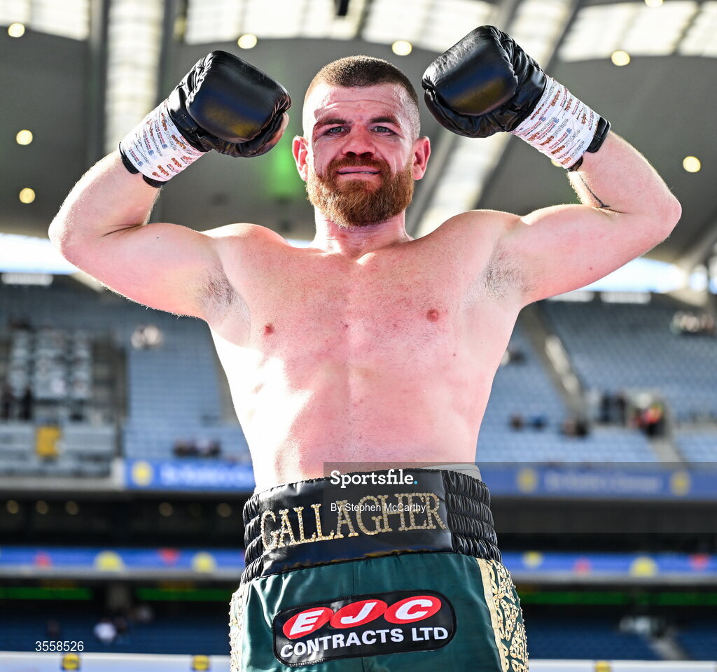 5 September 2026; Paddy Gallagher celebrates after being declared victorious in his middleweight bout with Paul Ryan at the Once Upon A Time fight night in Croke Park, Dublin. Photo by Stephen McCarthy/Sportsfile