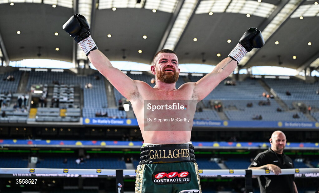5 September 2026; Paddy Gallagher celebrates after being declared victorious in his middleweight bout with Paul Ryan at the Once Upon A Time fight night in Croke Park, Dublin. Photo by Stephen McCarthy/Sportsfile