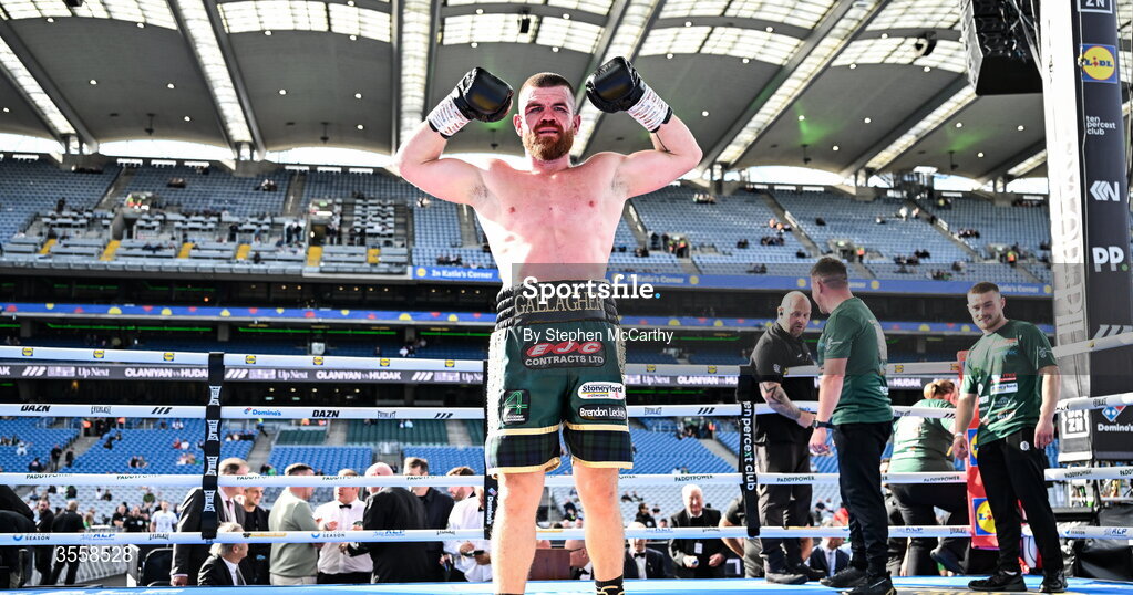 5 September 2026; Paddy Gallagher celebrates after being declared victorious in his middleweight bout with Paul Ryan at the Once Upon A Time fight night in Croke Park, Dublin. Photo by Stephen McCarthy/Sportsfile