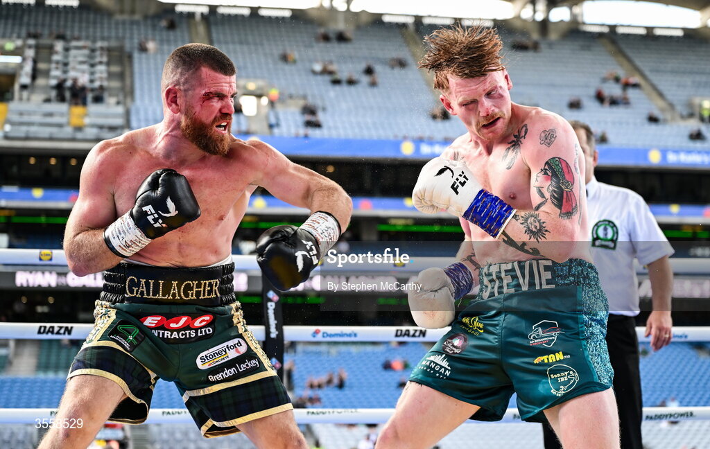 5 September 2026; Paddy Gallagher, left, and Paul Ryan during their middleweight bout at the Once Upon A Time fight night in Croke Park, Dublin. Photo by Stephen McCarthy/Sportsfile