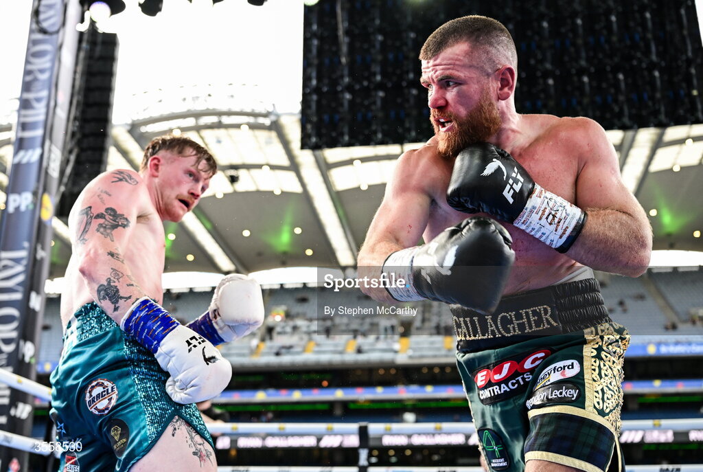 5 September 2026; Paddy Gallagher, right, and Paul Ryan during their middleweight bout at the Once Upon A Time fight night in Croke Park, Dublin. Photo by Stephen McCarthy/Sportsfile