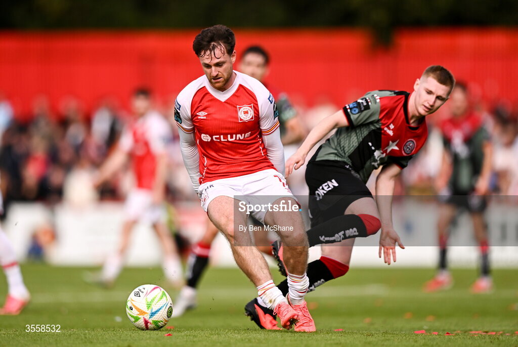 5 September 2026; Jason McClelland of St Patrick's Athletic in action against Ross Tierney of Bohemians during the Club Orange Men’s FAI Cup quarter-final match between St Patrick's Athletic and Bohemians at Richmond Park in Dublin. Photo by Ben McShane/Sportsfile